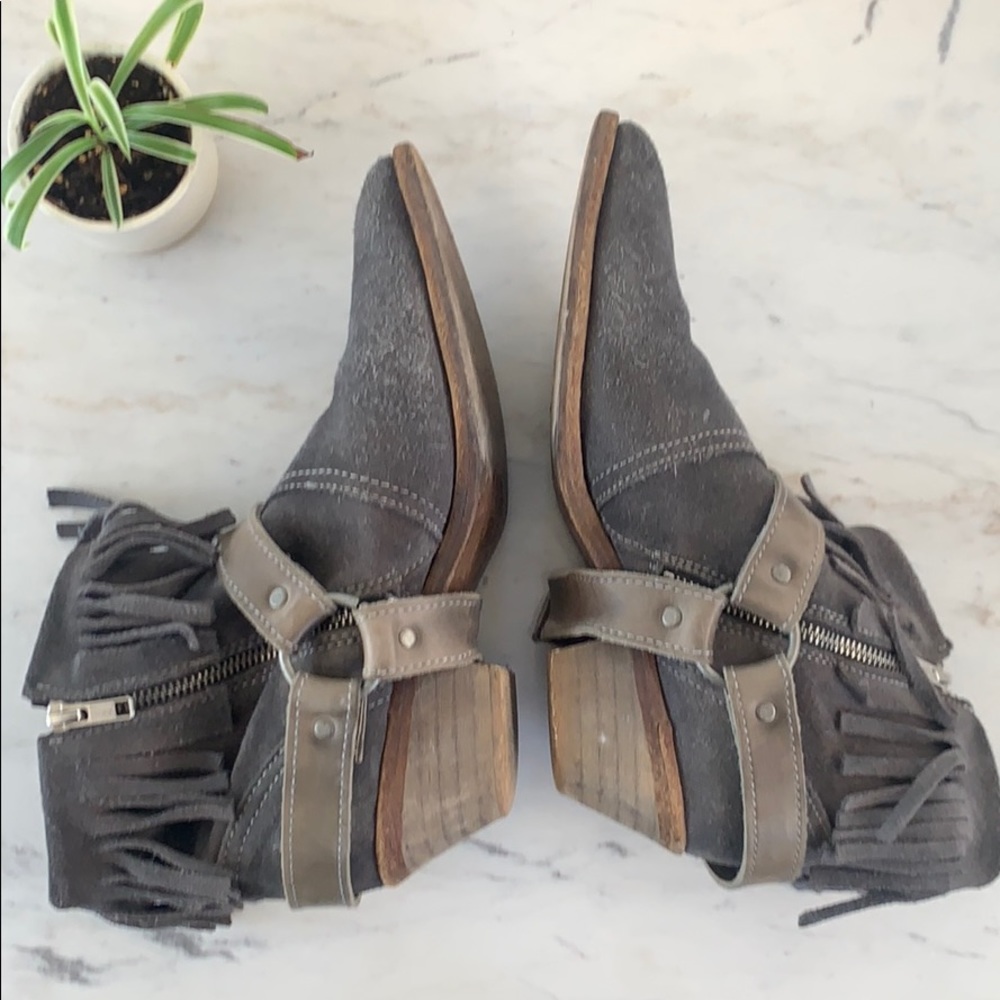 All Saints fringe suede boots with buckle.